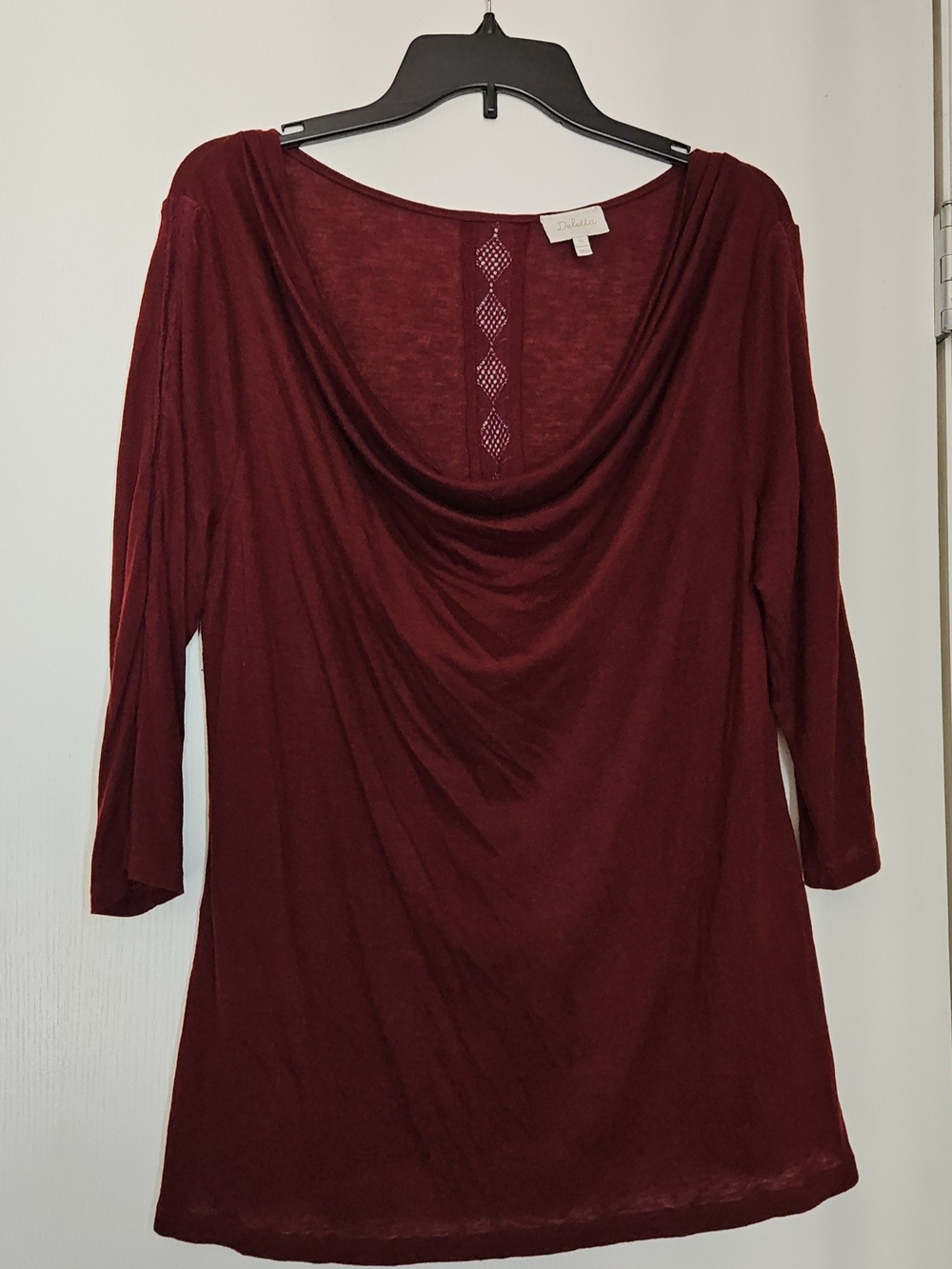 Deletta from Anthropologie Wine Red Cowl Neck 3/4 Sleeve  Lace Detail Top, XL